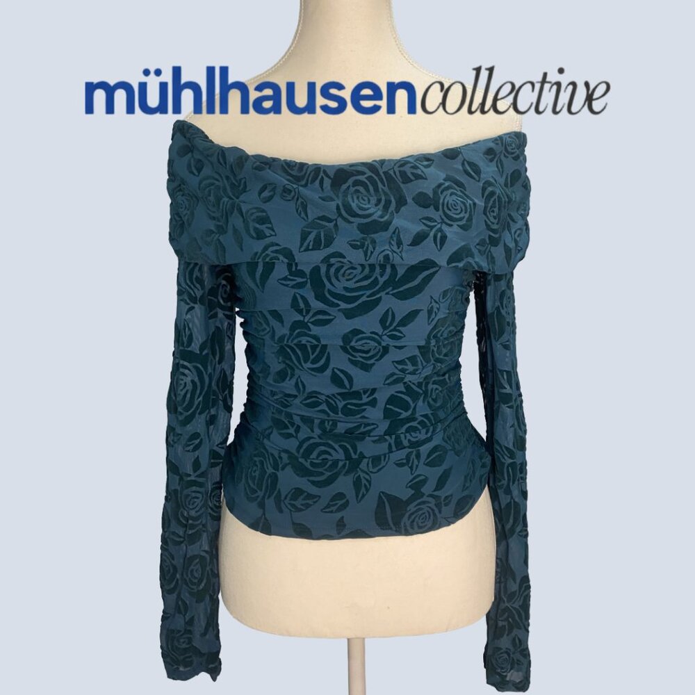 NWT Wild Fable Velvet Mesh Teal Floral Off-Shoulder Top